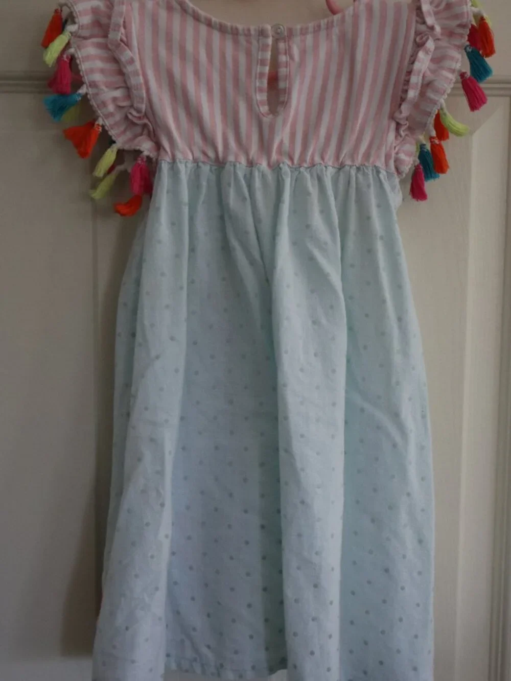 Flamingo Embroidered Sundress 5T Mudpie with tassel sleeves teal/pink/white